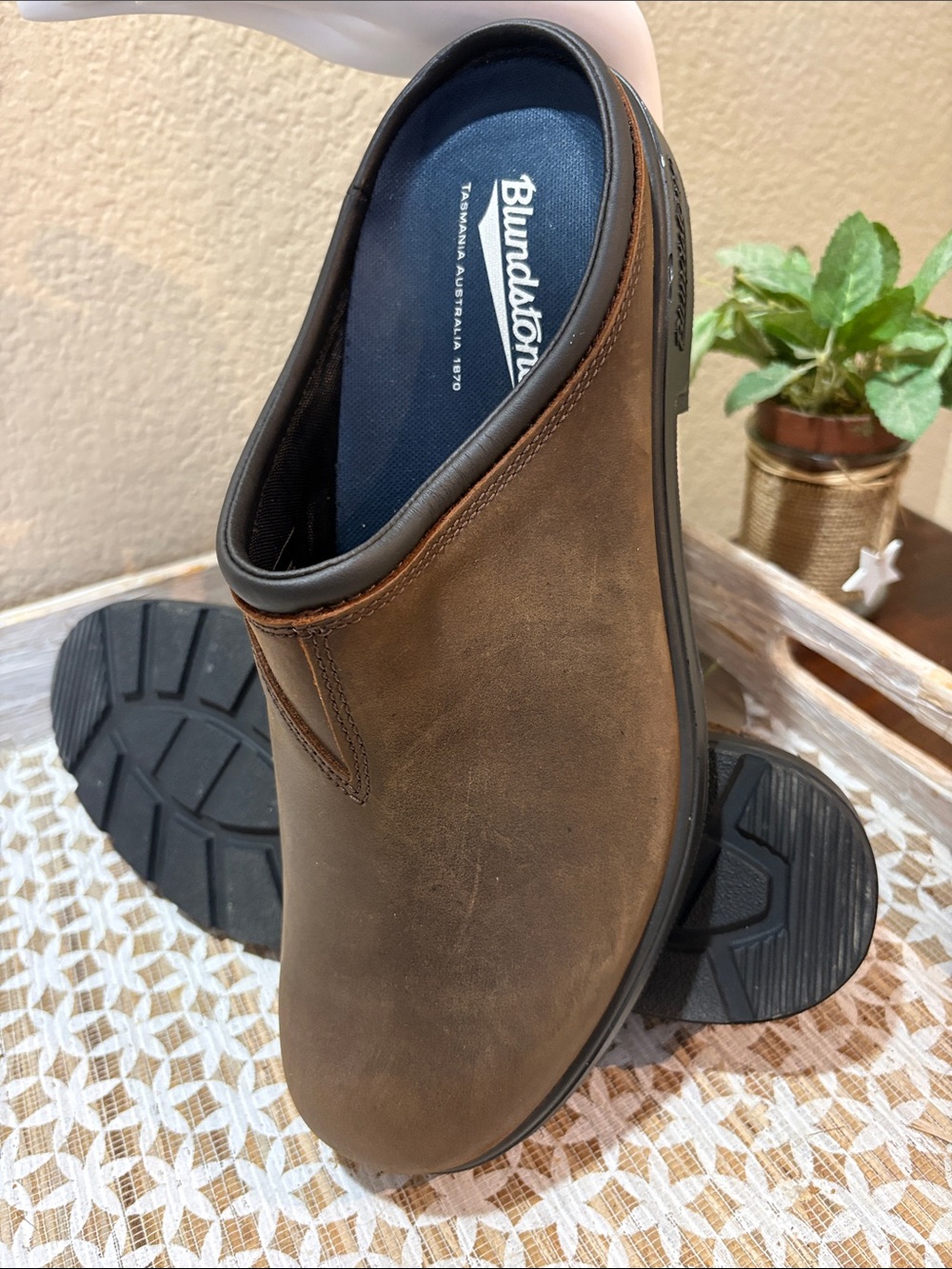 Blundstone Brown Leather Slip-On Clog with Black Trim